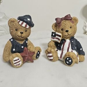 Patriotic Teddy Bear Figurine Set - Blue, Red & White
